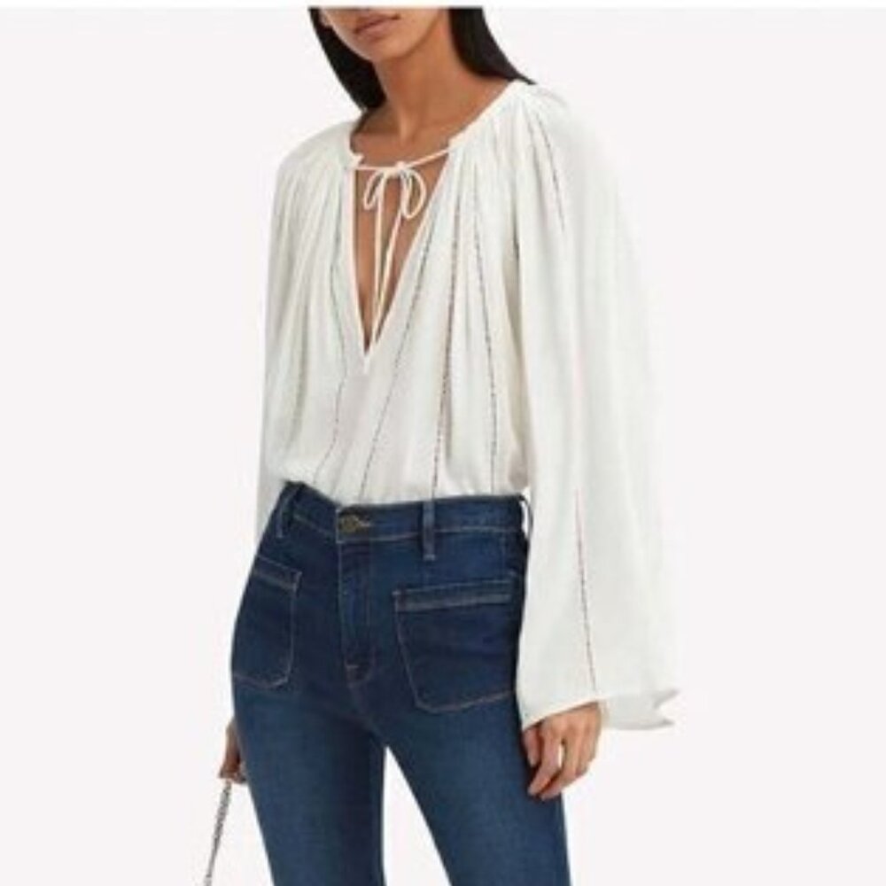 FRAME Boho Peasant Blouse Lattice Off White Viscose Top Medium